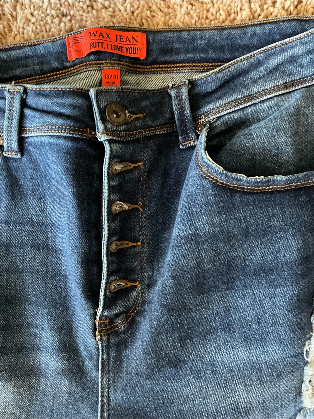 Wax Jeans Butt I Love You, dark blue distressed, Junior size 13/31 skinny leg - Picture 5 of 12